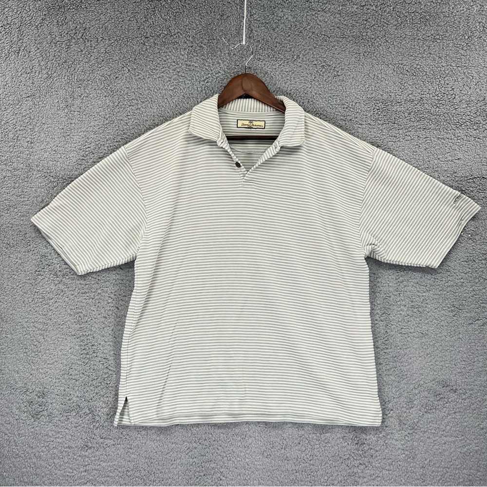 Tommy Bahama Polo Shirt Striped Textured Green Gray Men Size Large?